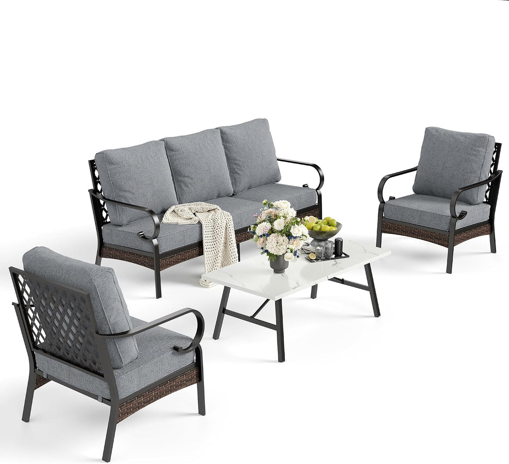 SUNSHINE VALLEY 4 Piece Metal Outdoor Patio Furniture Set, Patio Conversation Sets 1 3-Seater Sofa, 2 Chairs with 5.75' Extra Thick Cushion and Coffee Table, Black Frame Backyard Furniture, Gray