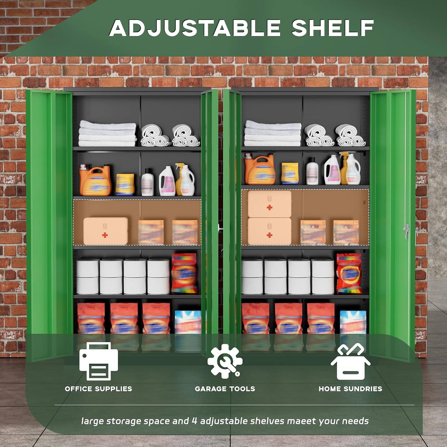 Greenvelly Metal Storage Cabinet, 72' Locking Metal Garage Storage Cabinet with Doors and 4 Adjustable Shelves, Lockable Steel Cabinet for Home Office, Garage, Shop, School (Green 36' W x 18' D)