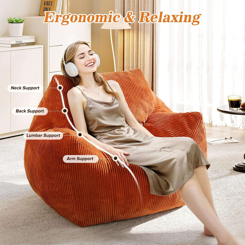 Big Bean Bag Chair for Adults, Ultra Soft Living Room Bean Bag with Armrests & Ottoman, Stuffed BeanBag Chair for Napping, Gaming, Vacuum-Compressed for Easy Gifting, 48h to Expand, Orange