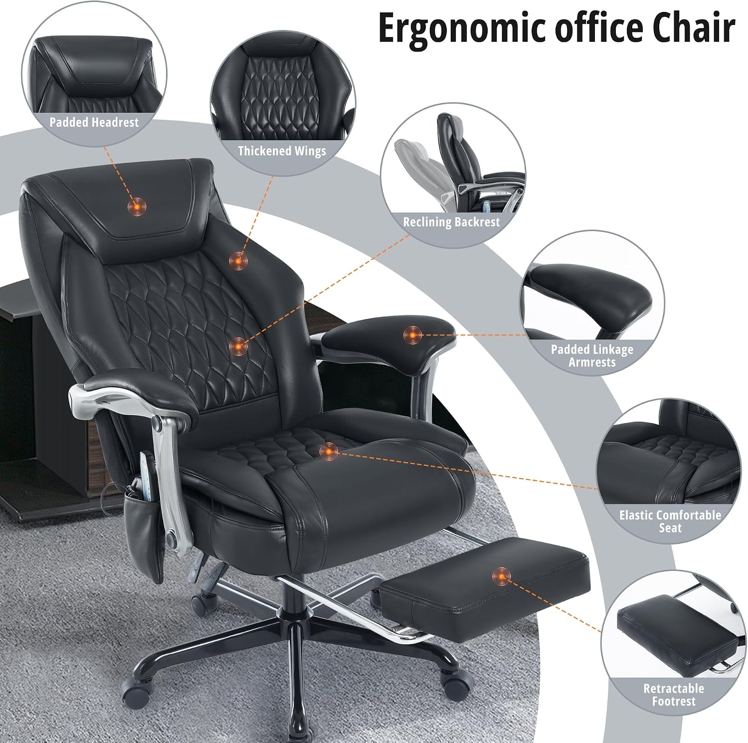 Massage Office Chair with Heat & Footrest, Ergonomic Reclining Executive Desk Chairs with 6-Point Vibration, PU Leather Computer Chair for Home Office or Gaming