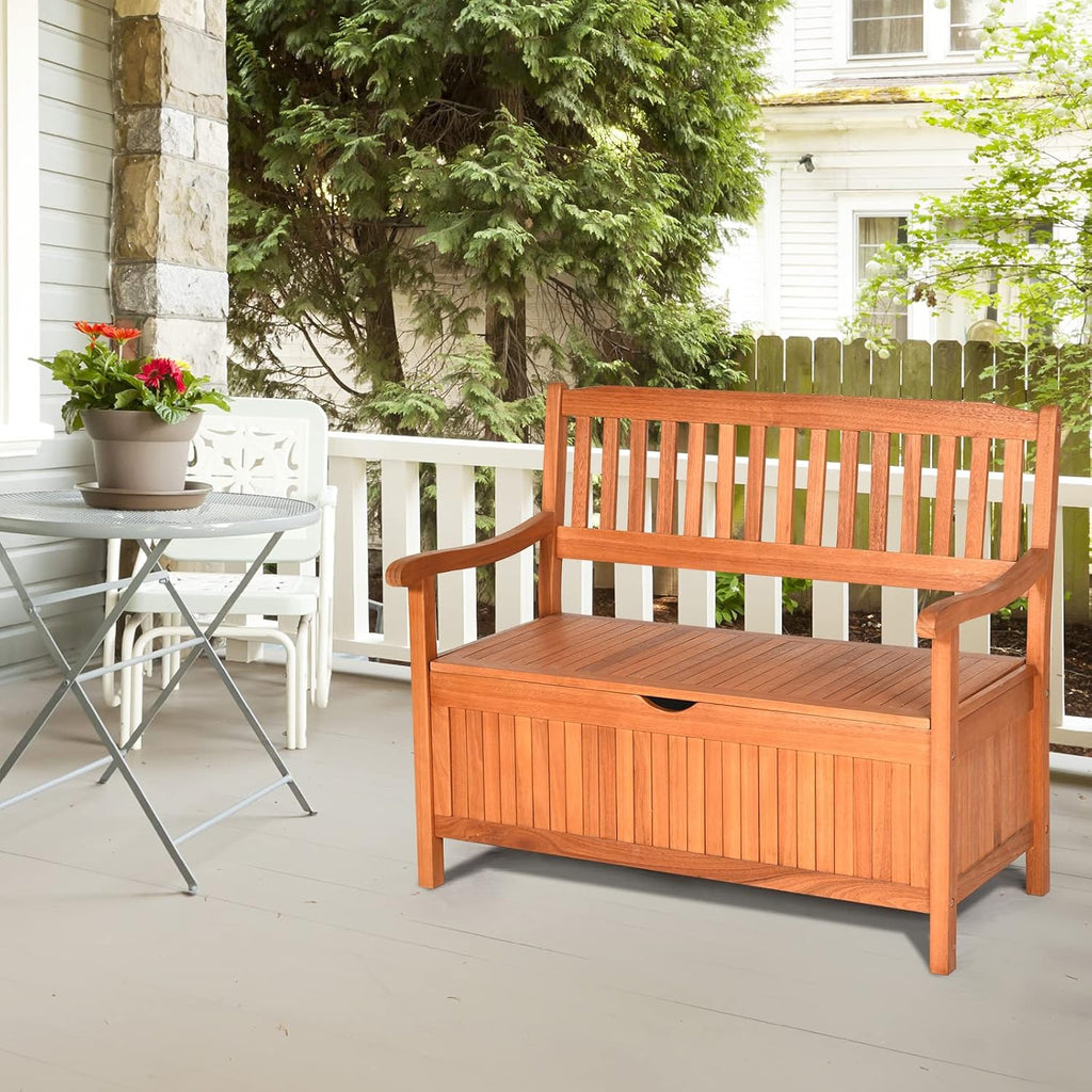 LDAILY 33 Gal Outdoor Storage Bench, Eucalyptus Multi-Functional Deck Box with 800 lbs Heavy Duty Capacity, Removable Liner, Patio Storage Bench for Garden, Poolside, Front Porch, Entryway