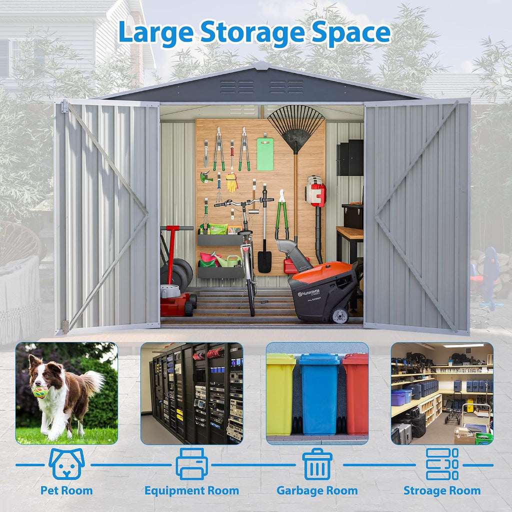 10x8 ft Outdoor Storage shed All Weather Metal Garden shed with Lockable Double Doors Tool Storage for Backyard Patio Lawn and Garden Organization Large Capacity (8x6 ft Grey with Floor Frame)
