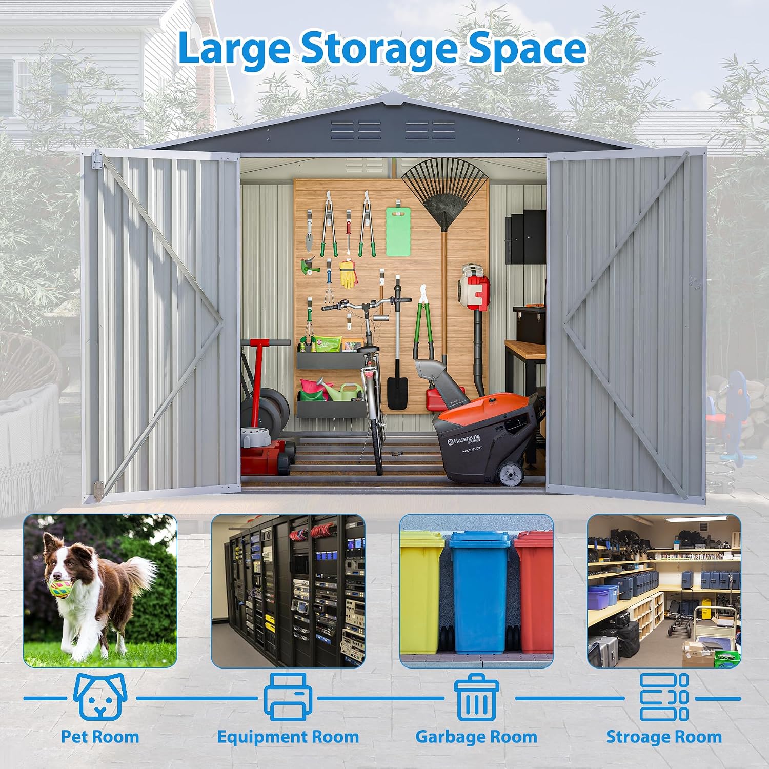 10x8 ft Outdoor Storage shed All Weather Metal Garden shed with Lockable Double Doors Tool Storage for Backyard Patio Lawn and Garden Organization Large Capacity (8x6 ft Grey with Floor Frame)