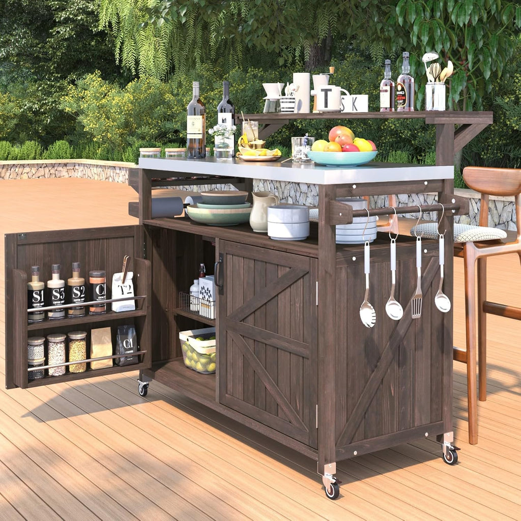 Outdoor Kitchen Island with Stainless Steel Top, 53.3' Rolling Grill Cart with Adjustable Shelves, Raised Shelf, Lockable Wheels, Portable Outdoor Table and Bar Storage Cabinet for Patio