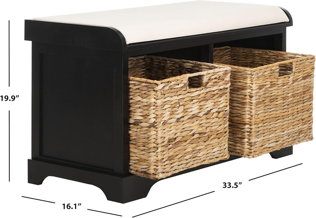 SAFAVIEH Home Collection – Freddy Black Storage Bench with Wicker Baskets & Cushion, Entryway Seating Bench, Fully Assembled (AMH5736B)