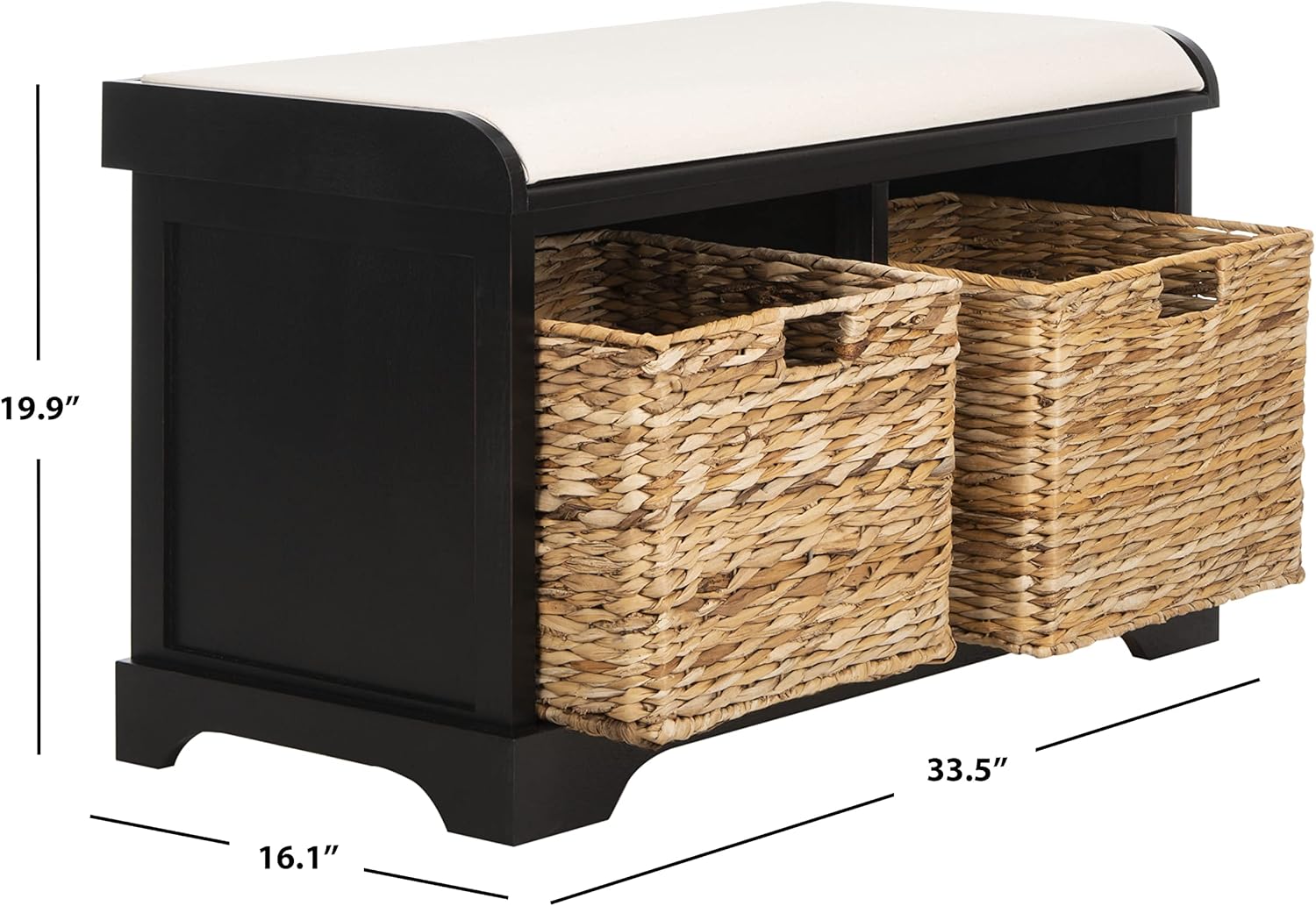 SAFAVIEH Home Collection – Freddy Black Storage Bench with Wicker Baskets & Cushion, Entryway Seating Bench, Fully Assembled (AMH5736B)