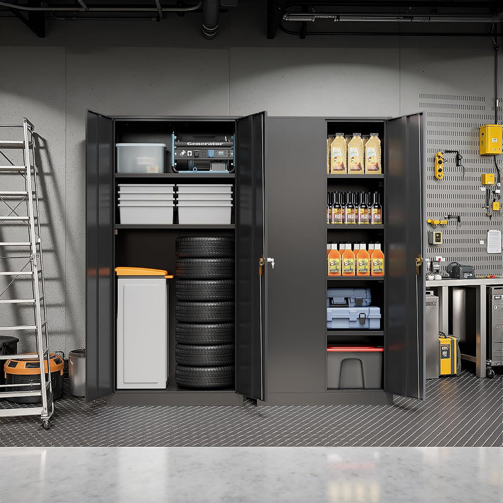 Pataku Metal Storage Cabinet, 72' Garage Cabinet with Doors and Shelves Lockable Steel Multifunctional Cabinets, Black File Cabinets for Home, Office, Garage, Warehouse(Black)