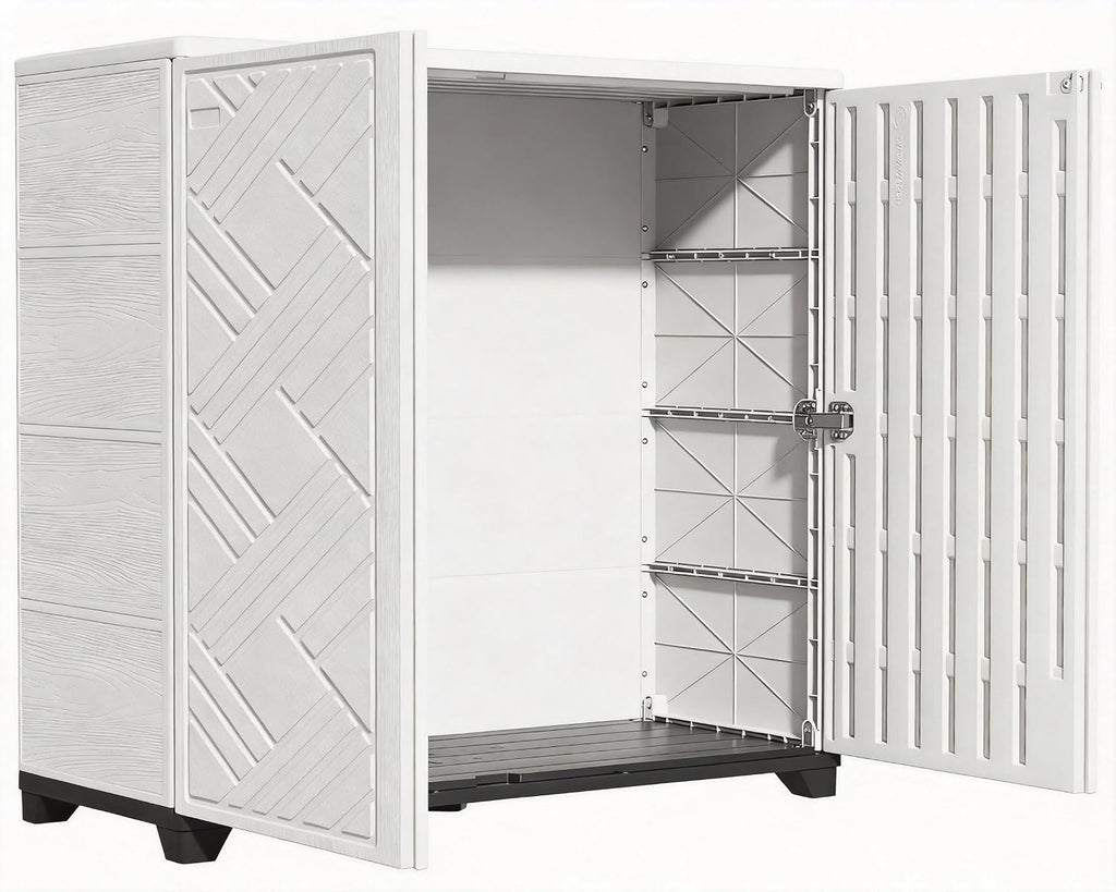 KINYING Outdoor Storage Cabinet Waterproof, 60 Gallon Resin Outdoor Storage Shed for Patio/Garden/Backyard, Outdoor Storage Box for Cushions,Garden Tools and Pool Supplies(White W/O Shelving)