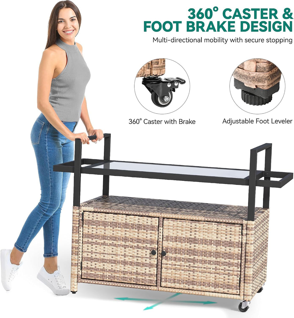 YITAHOME Large Outdoor Kitchen Wicker Island Rolling Cart & Patio Bar Table, w/Wheels and Black Glass Table Top Backyard and Poolside Light Brown