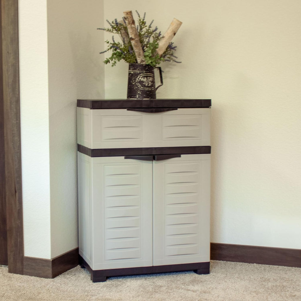 Sunnydaze 34.5' H Resin Garage Storage Cabinet - Garage Cabinet with Adjustable Shelf - Freestanding Utility Storage for Laundry Room, Office, Basement - Gray
