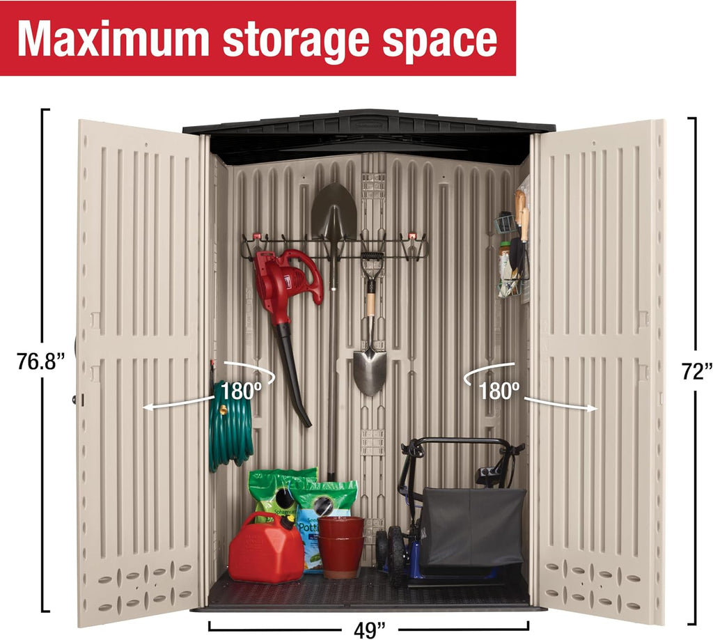 Rubbermaid Medium Vertical Resin Outdoor Storage Shed With Floor (4.3 x 4.6 Ft), Weather Resistant, Beige/Brown, Organization for Home/Backyard/Garden Tools/Lawn Mower/Bike Storage/Pool Supplies