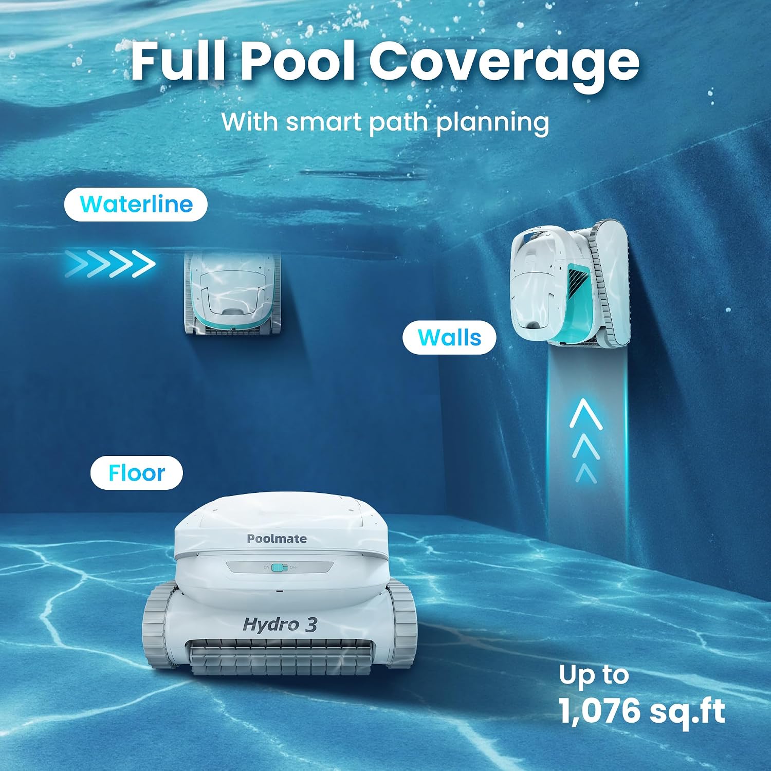 (2026 Upgrade) Hydro 3 All-in-one Pool Vacuum Robot, 200mins Runtime Cordless Pool Cleaner, 2 150W Brushless Motor+Floor/Wall/Waterline Scrubber Brush,Ideal for Inground/Above-Ground Swimming Pools