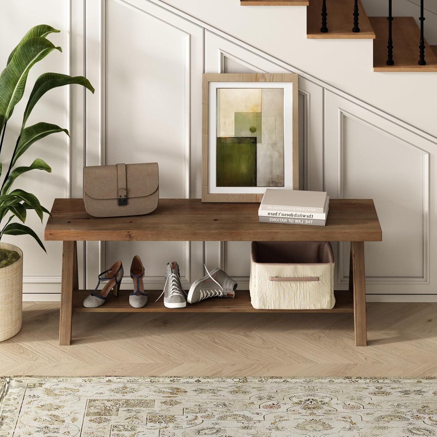 RowyPoey 51' Solid Wood Bench, Long Farmhouse Entryway Bench with Storage Shelf, Triangular Leg Design, Narrow Rustic Benches for Hallway, Bedroom, Dining, Kitchen
