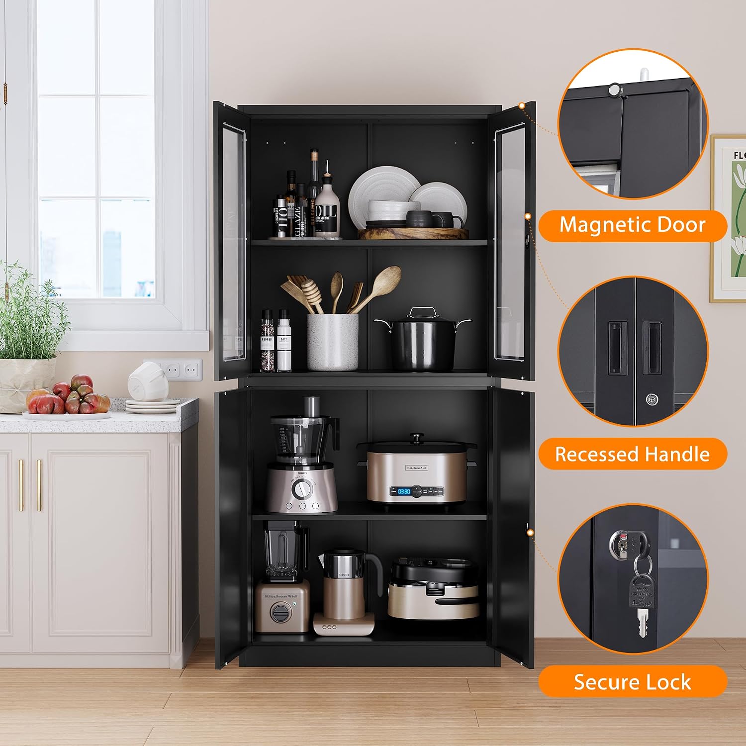 Metal Storage Cabinet with Glass Doors, Lockable Office Storage Cabinet, 71' Tall Display Case with Adjustable Shelves for Home Office,School and Hospital (Black)