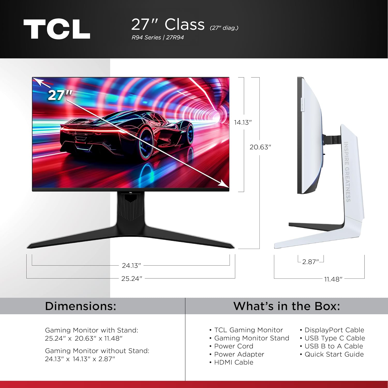 TCL 27' R94 Series 4K UHD HDR QD-Mini LED Gaming Monitor (27R94, 2025 Model) Halo Control System, 165Hz Refresh Rate, LD2304 Precise Dimming Series, HDR1400 Brightness, 1ms, AMD FreeSync NVIDIA G-SYNC