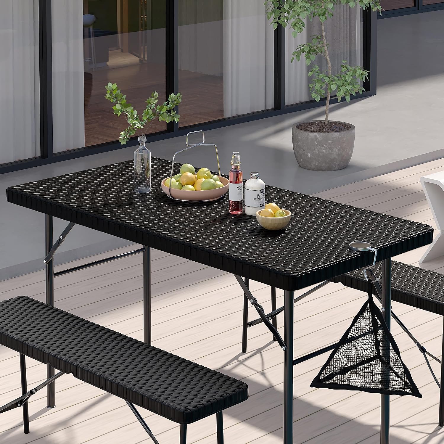 VECELO 3 Piece Folding Picnic Table with 2 Benches, 47.2' Faux Rattan Patio Set with Mesh Bag, Heat-Resistant & Waterproof, for Indoor Outdoor Use, Black