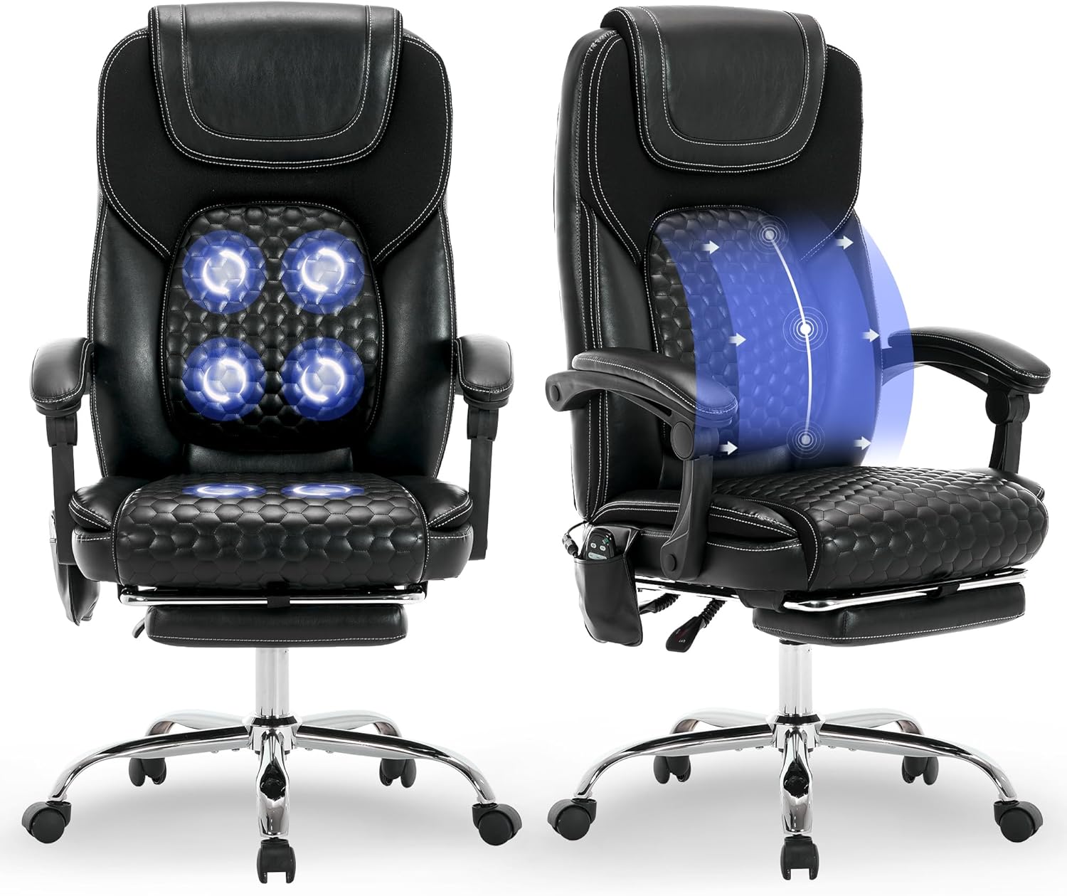 MALOL Massage Office Chair with Heat and Footrest - 3-Level 65°C Targeted Heating, 20-Min Easy Assembly Leather Desk Chair, Big and Tall Executive Computer Chair with Side Pocket, 300 lbs, Black