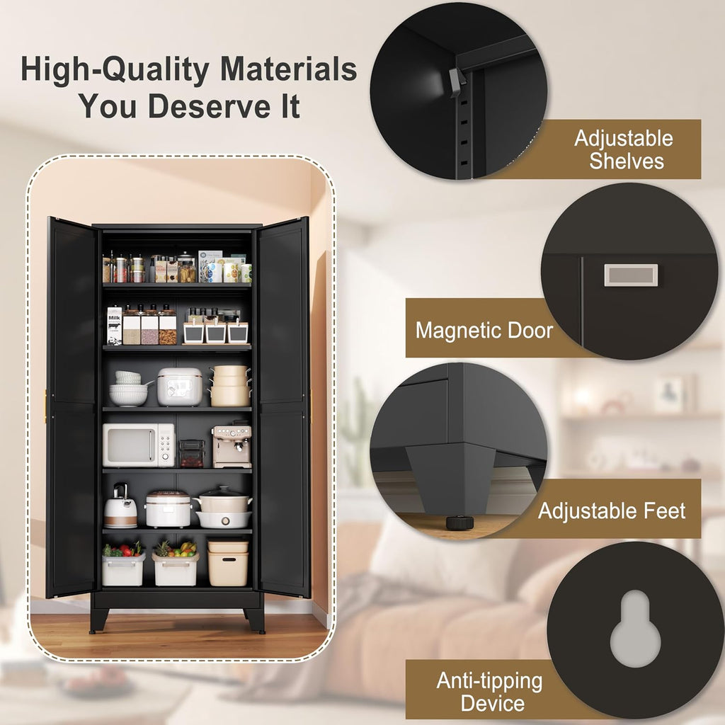 pozdeg 75' Tall Pantry Cabinet, Metal Kitchen Storage Cabinet with 2 Doors and 5 Adjustable Shelves, White Storage Cabinet Cupboard for Kitchen, Dining Room, Living Room and Bathroom (Black)