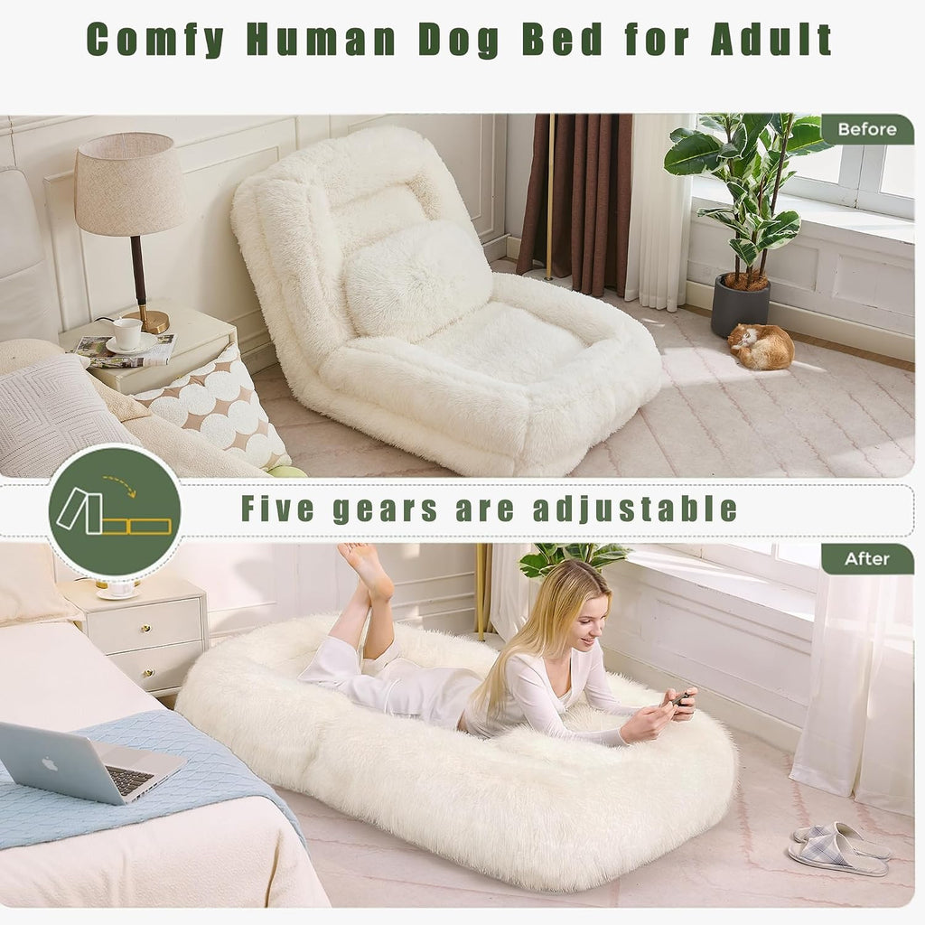 Floor Chair with Back Support, Human Dog Bed with 5 Adjustable Position, Convertible Lazy Floor Lounger, Comfy Gaming Chair, Plush Folding Sofa Bed for Adult, Living Room, Bedroom, Cream Beige