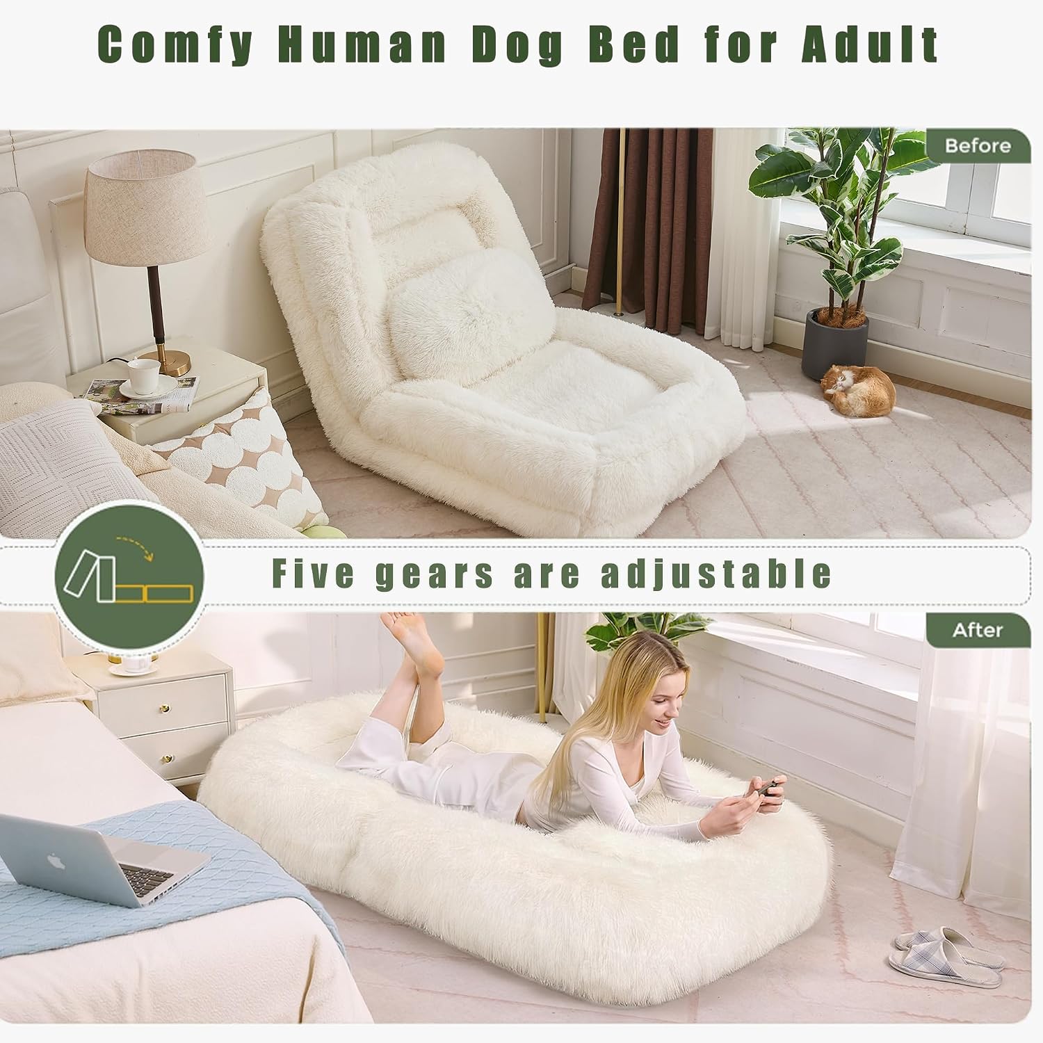 Floor Chair with Back Support, Human Dog Bed with 5 Adjustable Position, Convertible Lazy Floor Lounger, Comfy Gaming Chair, Plush Folding Sofa Bed for Adult, Living Room, Bedroom, Cream Beige