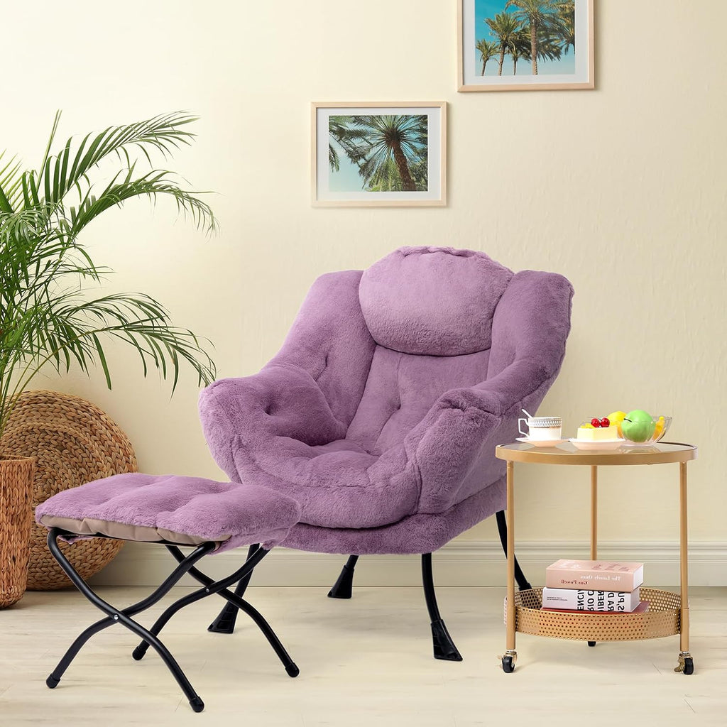 HollyHOME Lazy Chair with Foldable Ottoman, Accent Comfy Lounge Armchair and Folding Footrest Stool, Leisure Sofa Reading Chair and Footstool for Living Room, Bedroom, Dorm,Faux Fur Purple