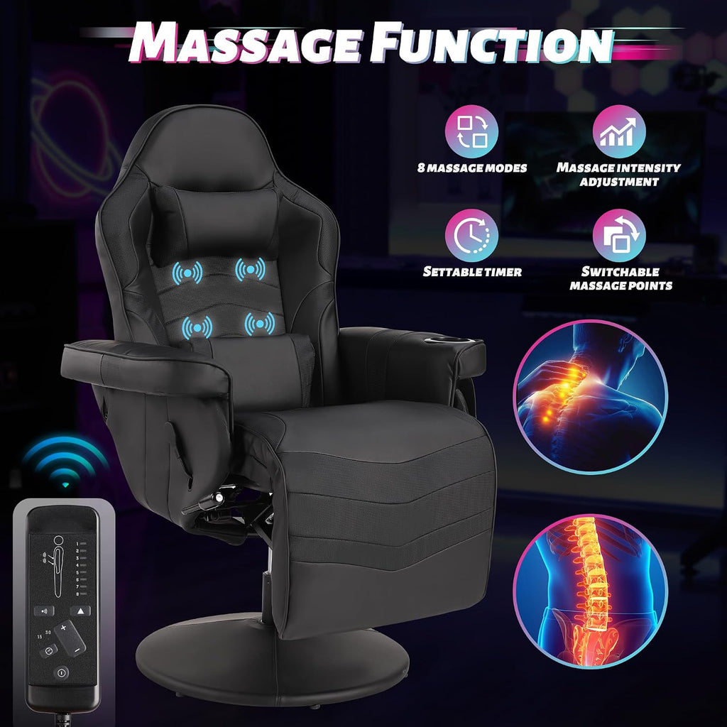 Game Reclining Chair with Adjustable Height, PU Gaming Chair with Massage, Long Footrest and Lumbar Support, High Back Swivel Computer Game Chair for Adult(Black)