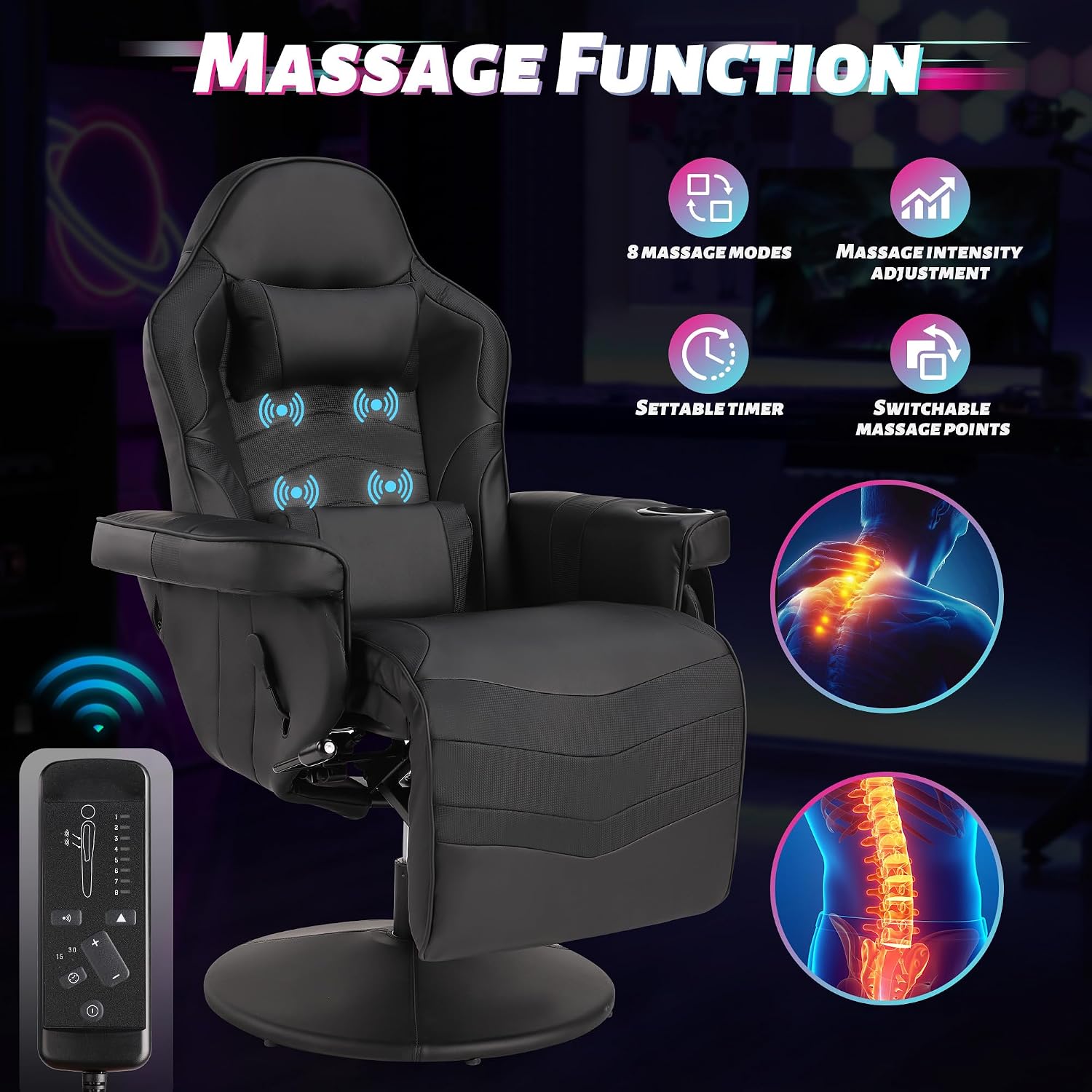 Game Reclining Chair with Adjustable Height, PU Gaming Chair with Massage, Long Footrest and Lumbar Support, High Back Swivel Computer Game Chair for Adult(Black)