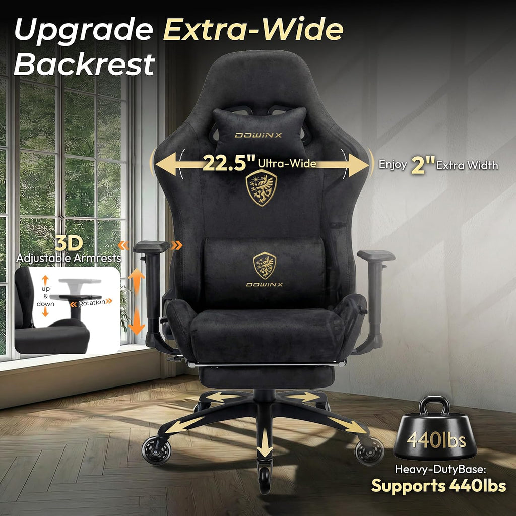 Dowinx Big and Tall Gaming Chair with Suede Fabric Breathable, Game Chairs for Adults with Oversized Thick Seat for 440lbs, Ergonomic Gamer Chair for Streaming & Long Gaming Sessions, Matte Black