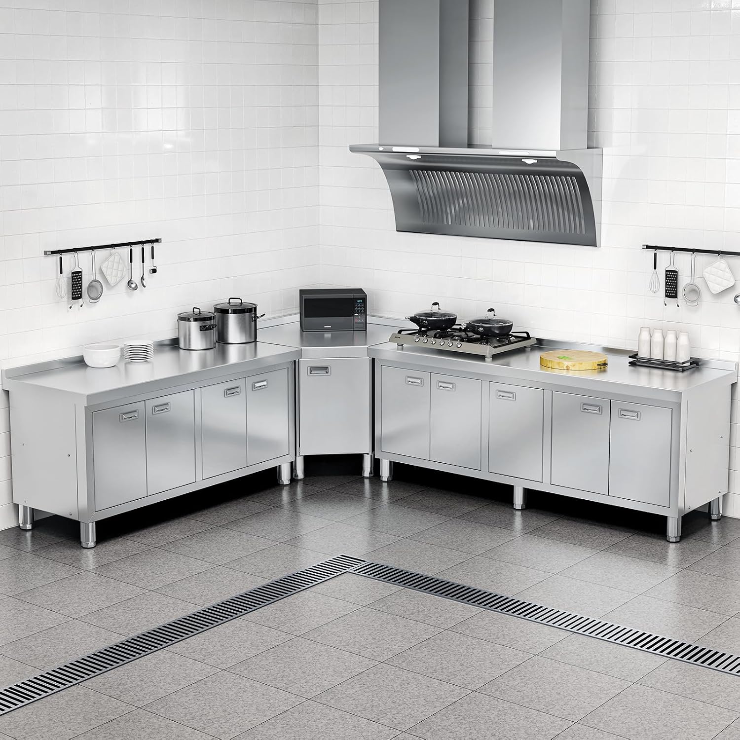 WWK 59' x 21' Stainless Steel Prep Table with Cabinet, Commercial Kitchen Table for Prep & Work, Heavy Duty Work Table with 4 Doors for Kitchen, Restaurant, Hotel, Garage and Cafe