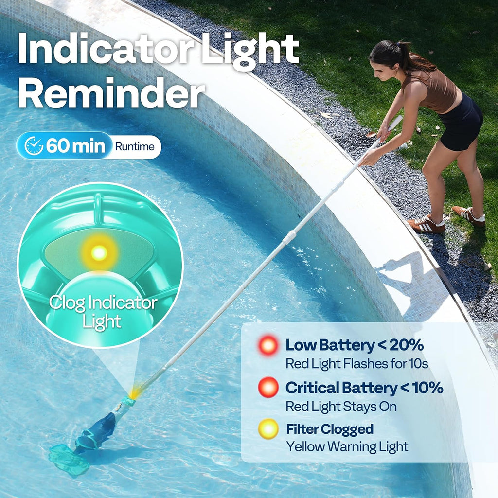 VIVOHOME Handheld Pool Vacuum 1110 GPH Suction Cordless Pool Cleaner 40W Powerful Motor Long-Run 60min Battery, Adjustable 9.12FT Pole for Above Ground & In-Ground Pools, Spas - Green