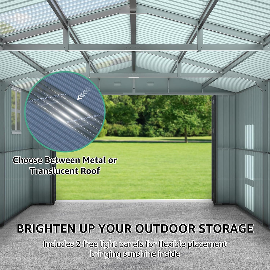 YOPTO 13x20 FT Outdoor Storage Shed, Large Metal Garage Sheds with Two Windows and Two Translucent Panels,Tool House w/Free Light Panet & Sloped Roof,for Car,Truck,Bike,Lawnmower,Tool,Dark Gray