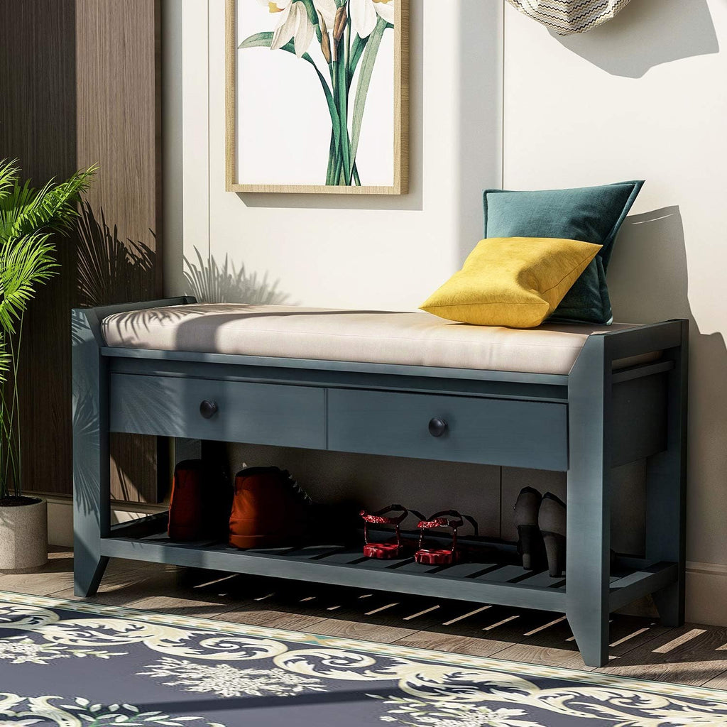 Harper & Bright Designs TREXM Shoe Rack with Cushioned Seat and Drawers, Multipurpose Entryway Storage Bench (Antique Navy)