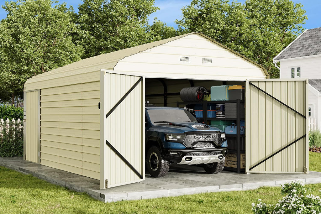 EROMMY 12x20 FT Heavy Duty Carport - Galvanized Steel Frame Car Shelter with Reinforced Base, Enclosed Storage Shed for Cars & Trucks, Beige