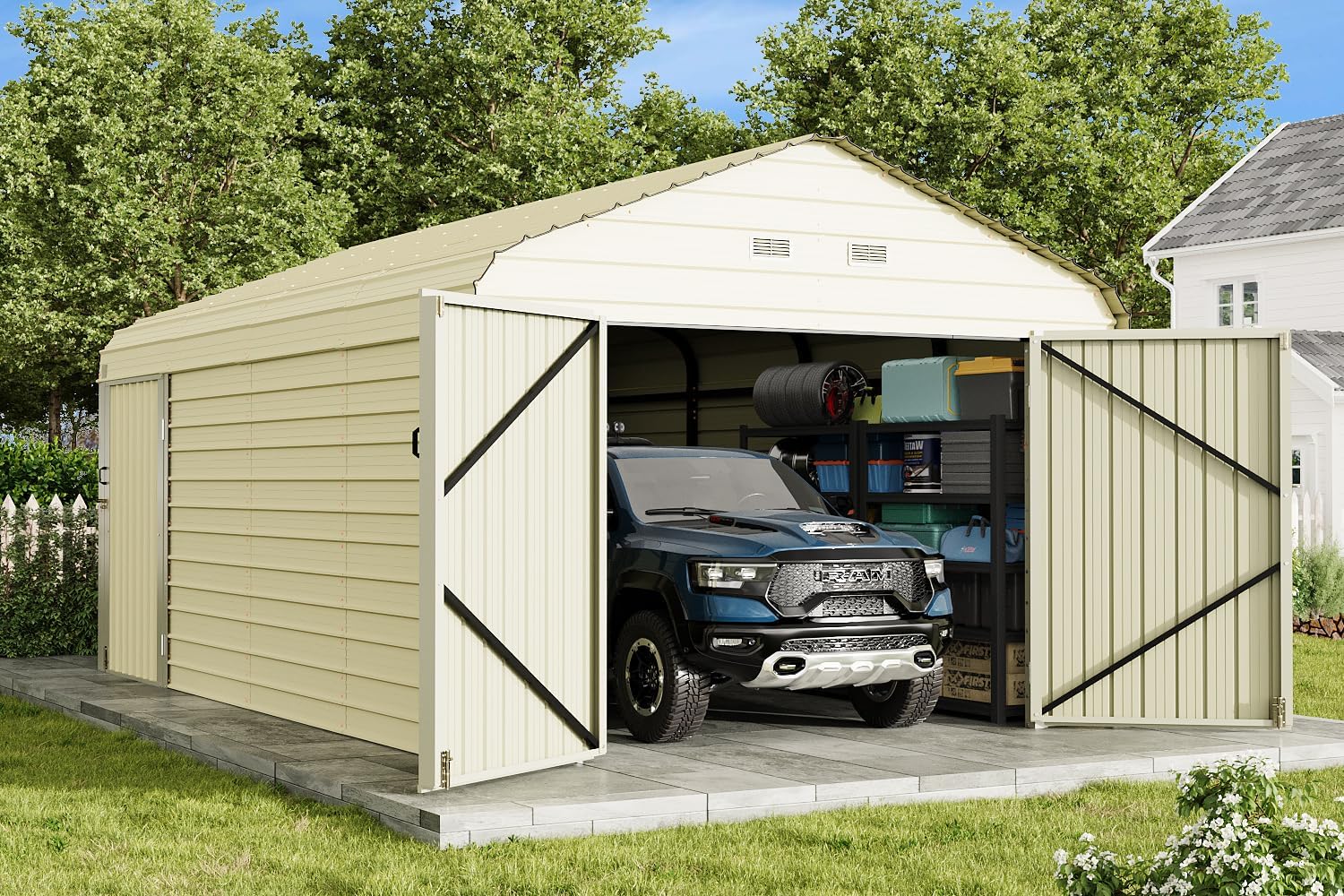 EROMMY 12x20 FT Heavy Duty Carport - Galvanized Steel Frame Car Shelter with Reinforced Base, Enclosed Storage Shed for Cars & Trucks, Beige