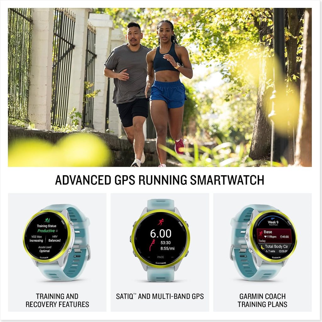 Garmin Forerunner 570 Running Smartwatch, 47MM WiFi, GPS Fitness Watch for Men and Women, Amp Yellow Aluminum with Translucent Whitestone/Turquoise Band + Access 600 Fitness Monitor, XS-S + More