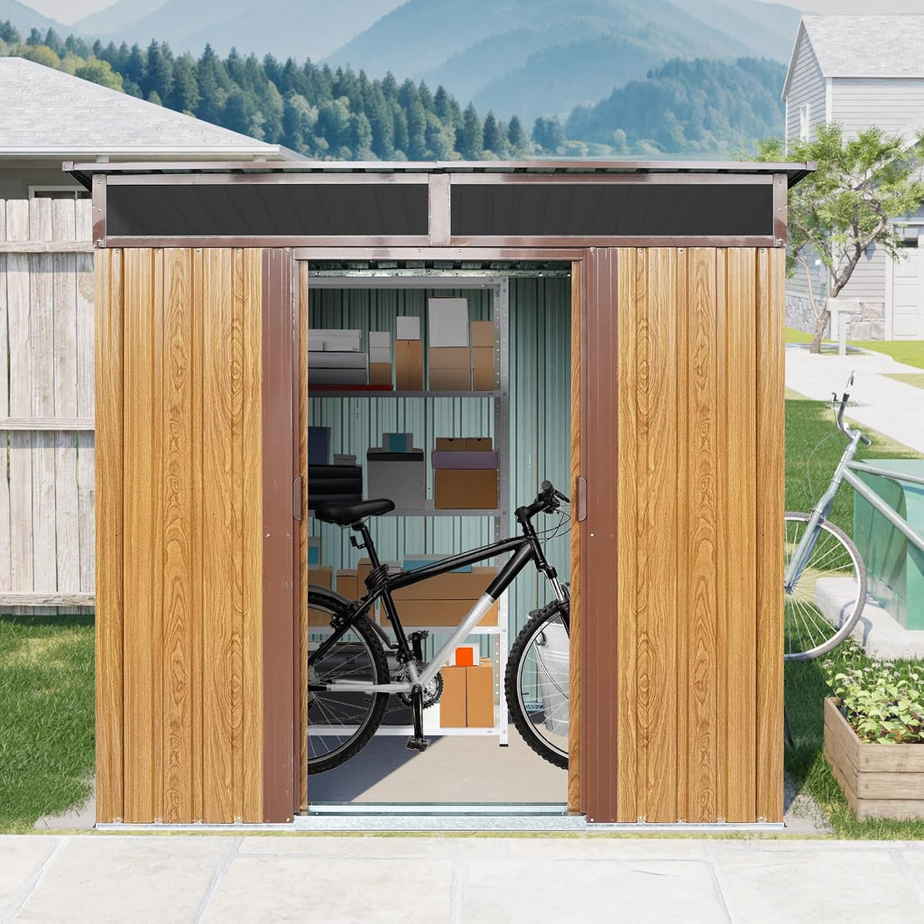 JT 6X4.5FT Outdoor Storage Shed, Galvanized Metal Garden Shed with Window and Metal Foundation, Tool Storage Shed for Patio Lawn Backyard (Coffee-6ft x 4.5ft)