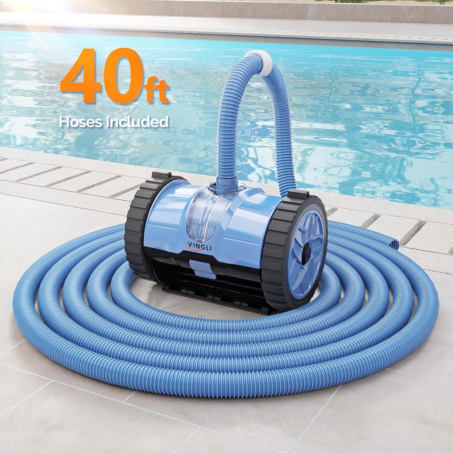 VINGLI Automatic Suction Pool Cleaner Robot for Inground Pools – Powerful Suction-Side Vacuum with 40FT Tangle-Free Pool Cleaner Hose - Ideal for Pool Cleaning Kits & Equipment, Memory Blue
