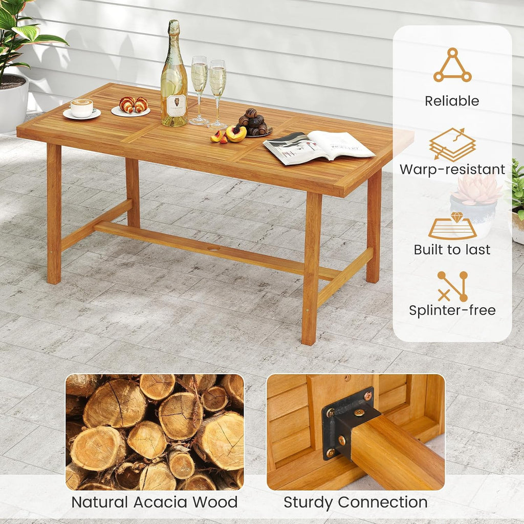 Tangkula 7 Piece Patio Dining Set for 6 People, 63' Outdoor Rectangular Acacia Wood Table with 1.97' Umbrella Hole & 6 Armchairs with Padded Seat Cushions, for Deck Yard and Poolside