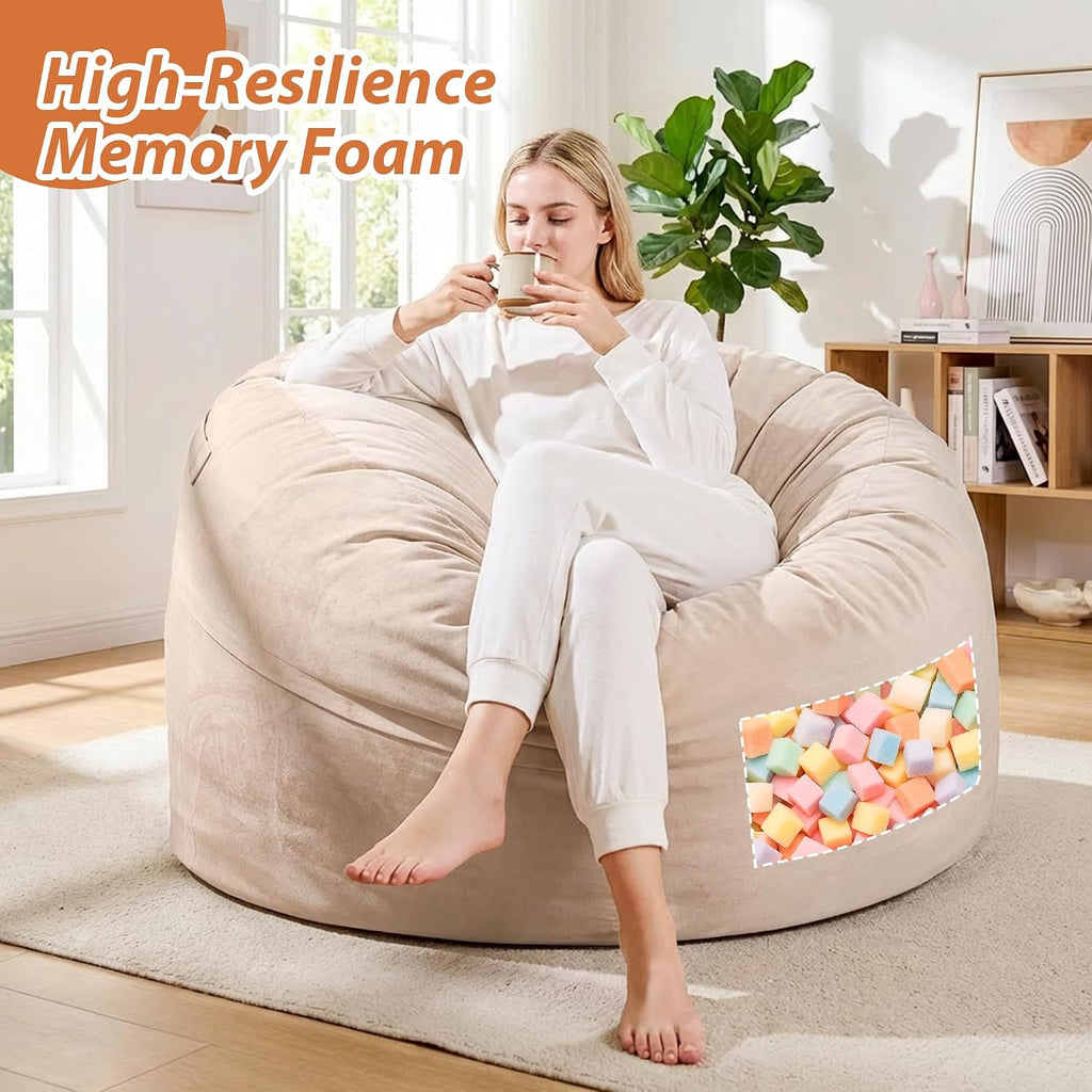4FT Bean Bag Chair, Bean Bag Chairs for Adults and Kids, Fluffy and Comfy Bean Bag with Velvet Cover, Bean Bag with Memory Foam Filled for Gaming, Living Room, Playroom (Yellowish Beige)