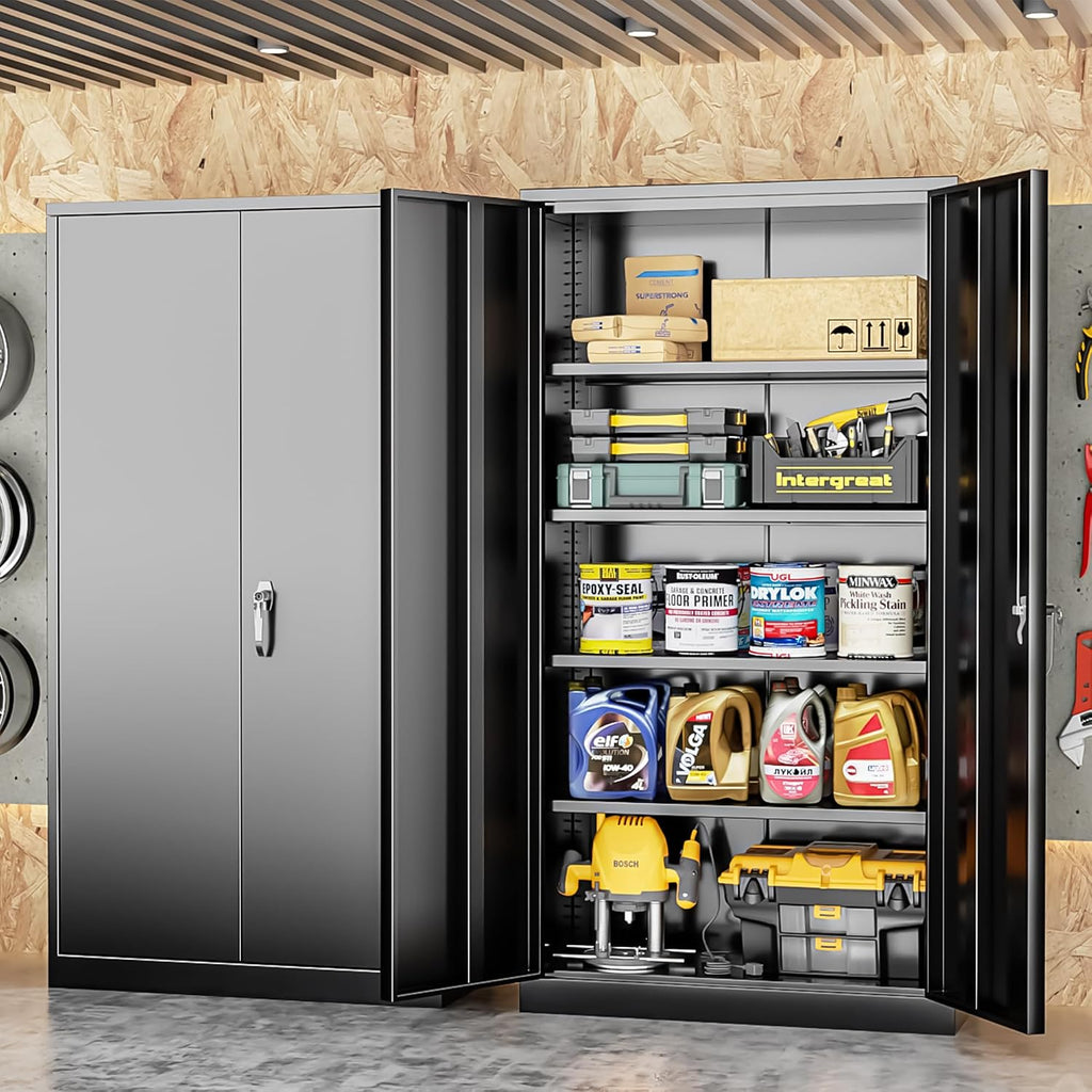 INTERGREAT Black Metal Storage Cabinet Doors, 72' Locking Steel Storage Cabinet with Shelves, Tall Metal Cabinet Lockable Steel Cabinets for Home Office, Garage