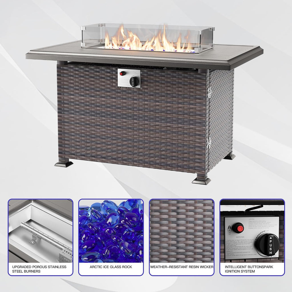 7 Pieces Outdoor Patio Furniture Set with 43'/55000BTU Gas Fire Pit Table,PE Rattan Wicker Outdoor Conversation Sofa Set Non-Slip Cushions Waterproof Covers for Backyard,Poolside,Garden,Sand