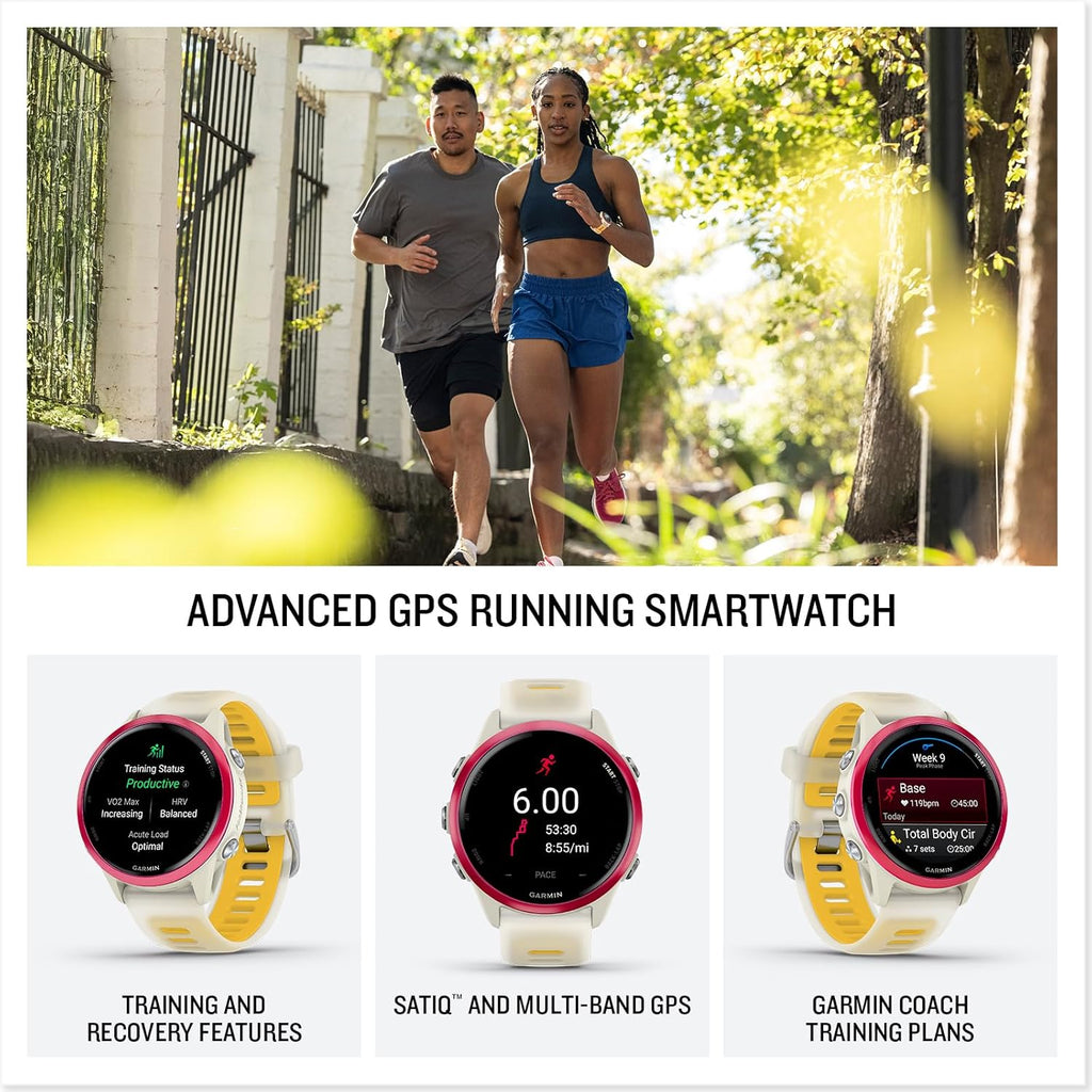 PlayBetter Garmin Forerunner 570 (42mm, Raspberry/Translucent Bone Mango) Advanced GPS Running and Triathlon Smartwatch Bundle HD Screen Protectors & Wireless Earbuds