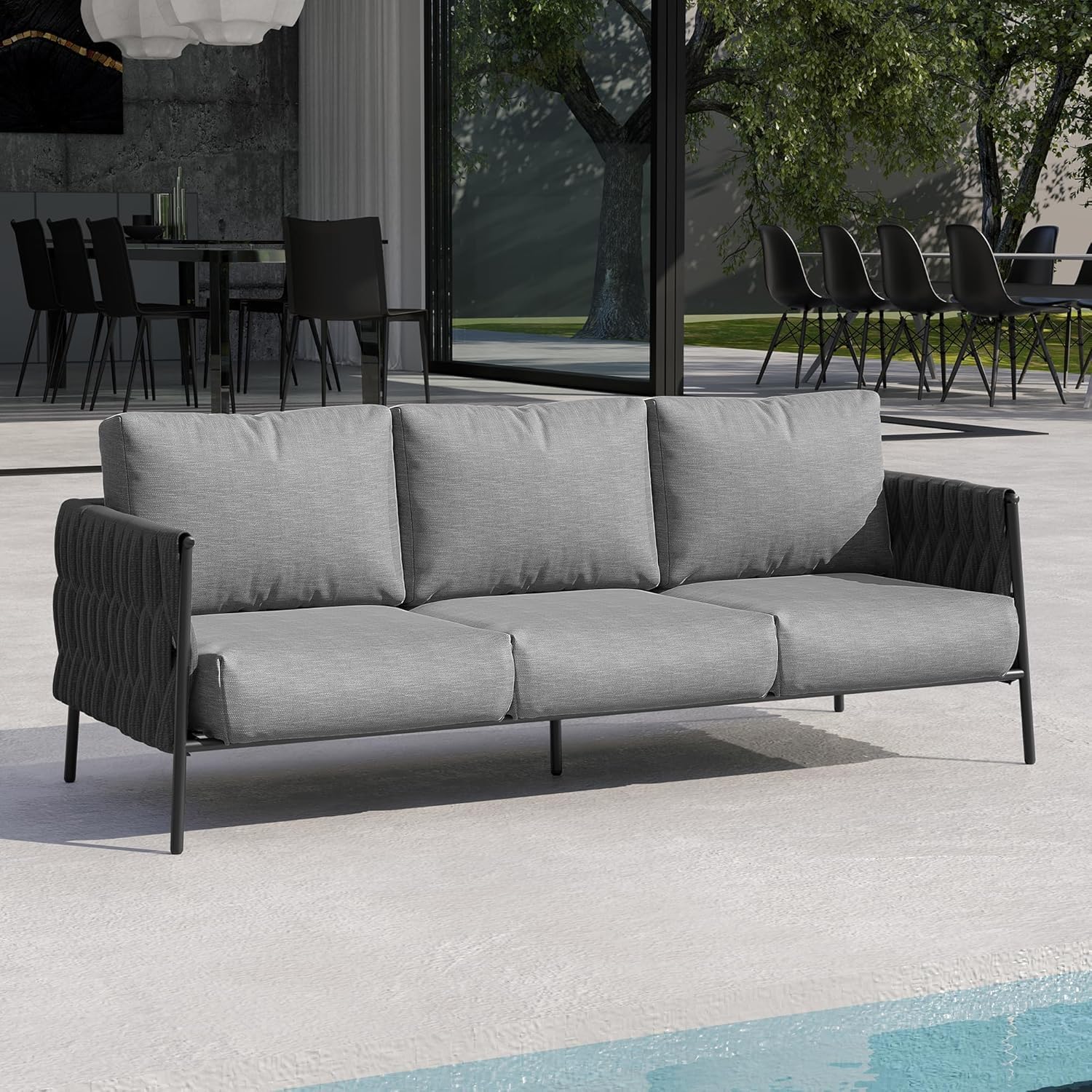 East Oak Life Chatter Outdoor Patio Furniture | Outdoor Sofa 3 Seats with Waterproof Thick Cushions | Deep Seating Modern Patio Sofa for Garden, Porch, Balcony & Backyard | Misty Grey