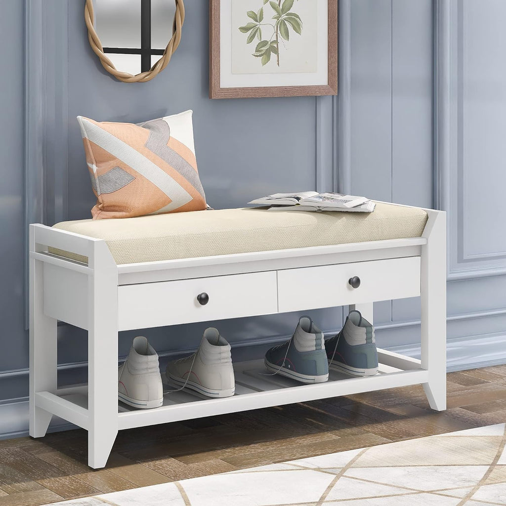 Harper & Bright Designs TREXM Shoe Rack with Cushioned Seat and Drawers, Multipurpose Entryway Storage Bench (White)