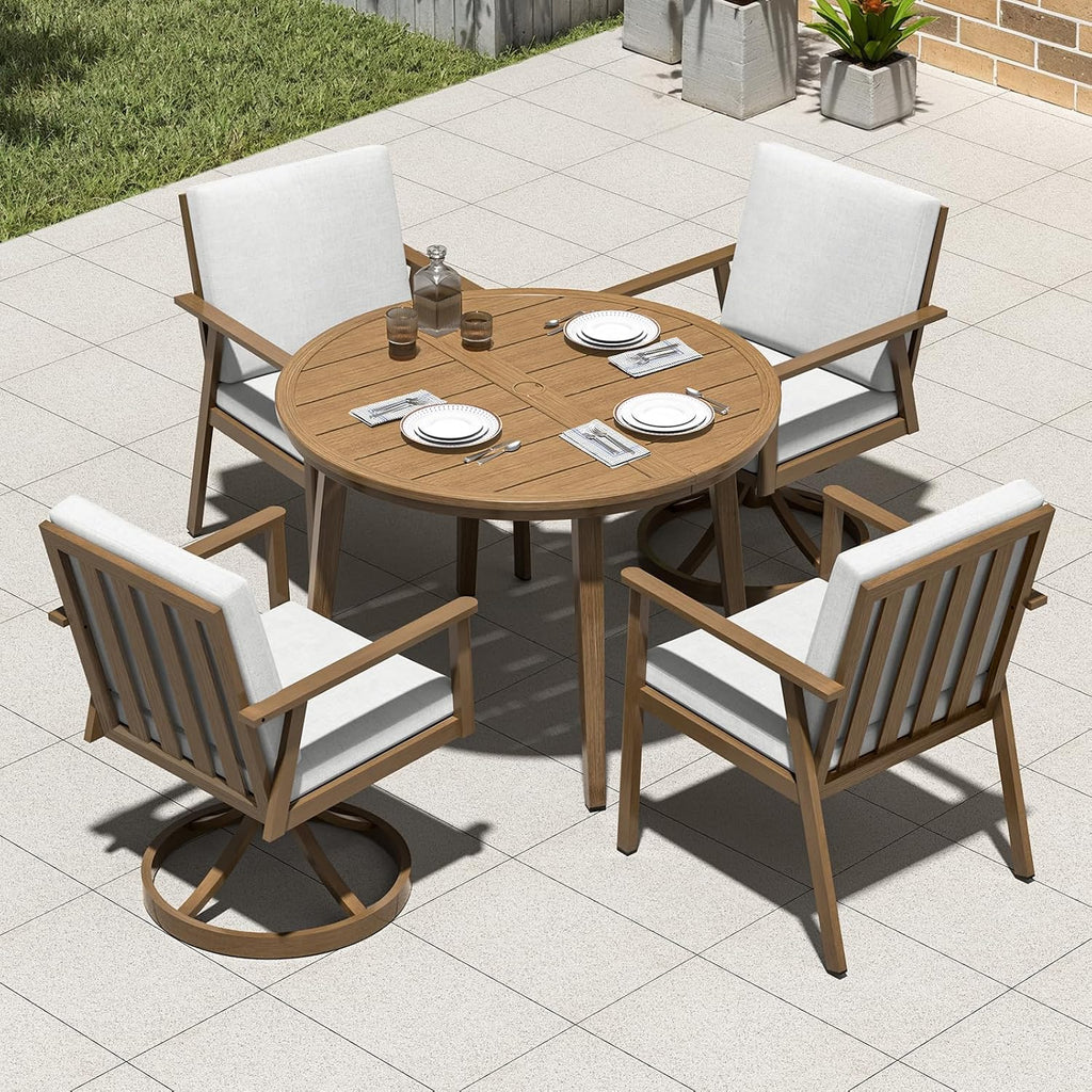 5-Piece Round Outdoor Dining Set, Never-Rust Aluminum Outdoor Table and Chairs Set, 41' Round Dining Table with 2 Swivel Dining Chairs, Modern Patio Dining Set for Garden, Deck, Yard, Teak