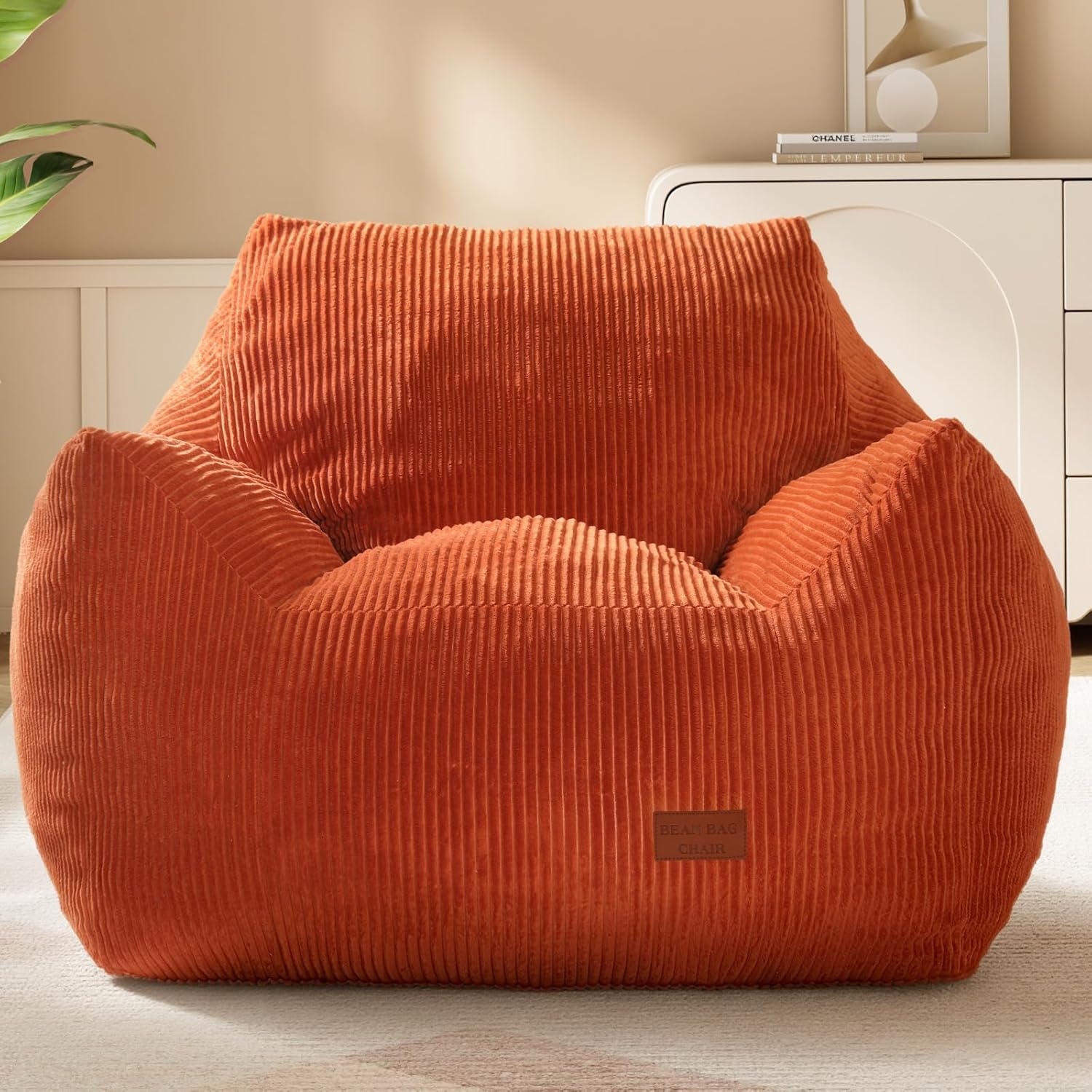 Big Bean Bag Chair for Adults, Ultra Soft Living Room Bean Bag with Armrests, Stuffed BeanBag Chair for Napping, Gaming, Vacuum-Compressed for Easy Gifting, 48 Hours to Fluffs Up, Orange