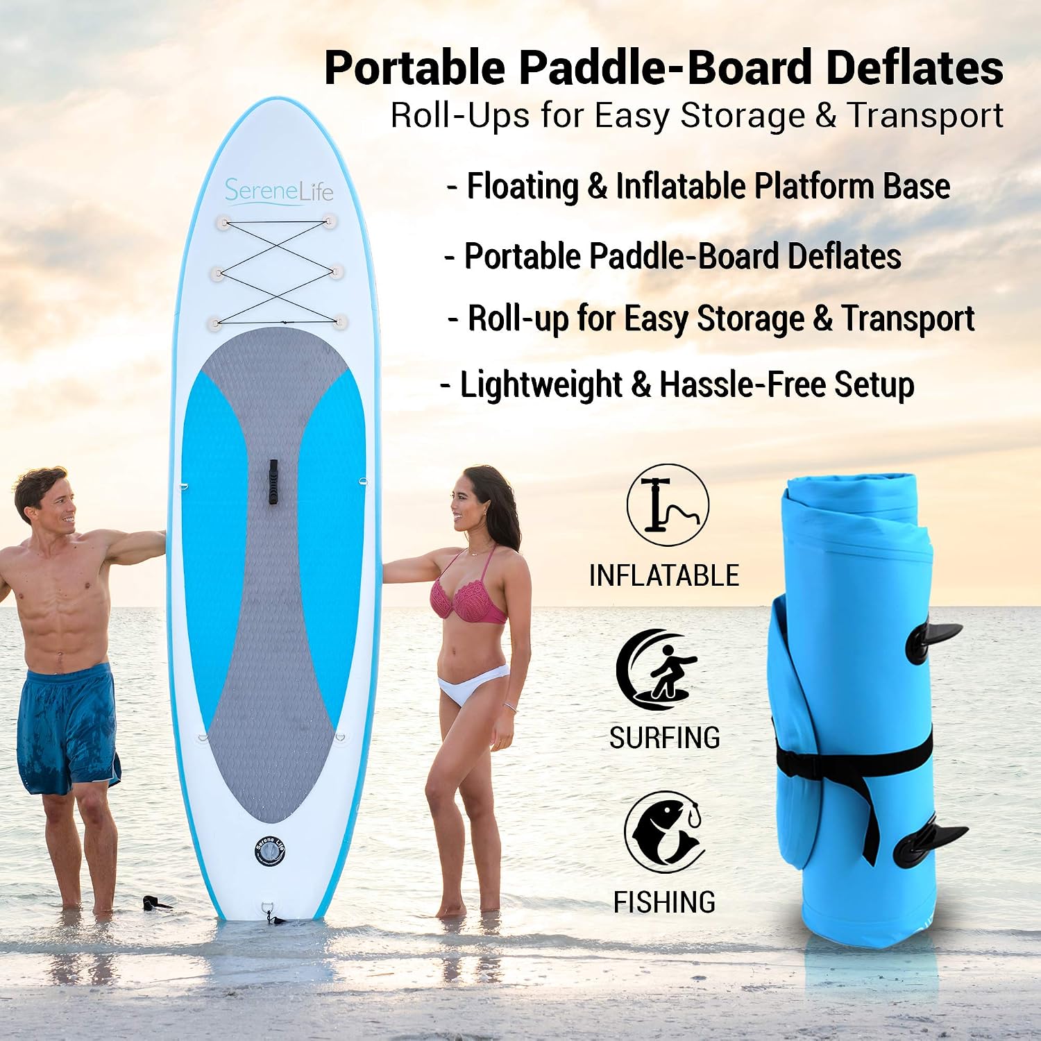 SereneLife 10' Inflatable Stand Up Paddle Board 2-Pack with Premium SUP Accessories – 32' Wide Stable Design with Non-Slip EVA Deck Pad for Youth and Adults, 350 lbs. Capacity Each