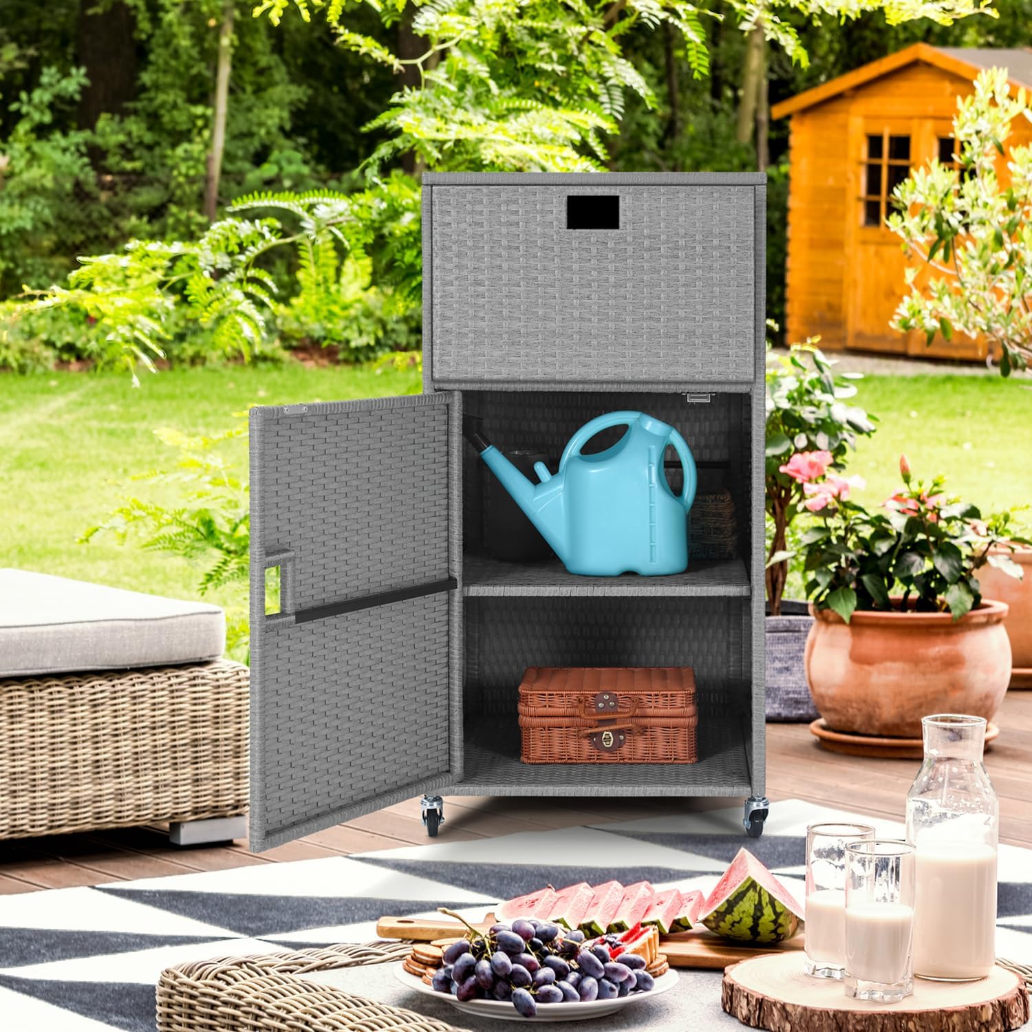 Outdoor Pool Towel Storage Cabinet Outdoor Towel Rack For Pool With Shelf & Drawer Pool Towel Holder With Rolling Wheels Hot Tub Towel Rack W/Waterproof Cover Poolside Towel Valet Caddy For Spa Grey