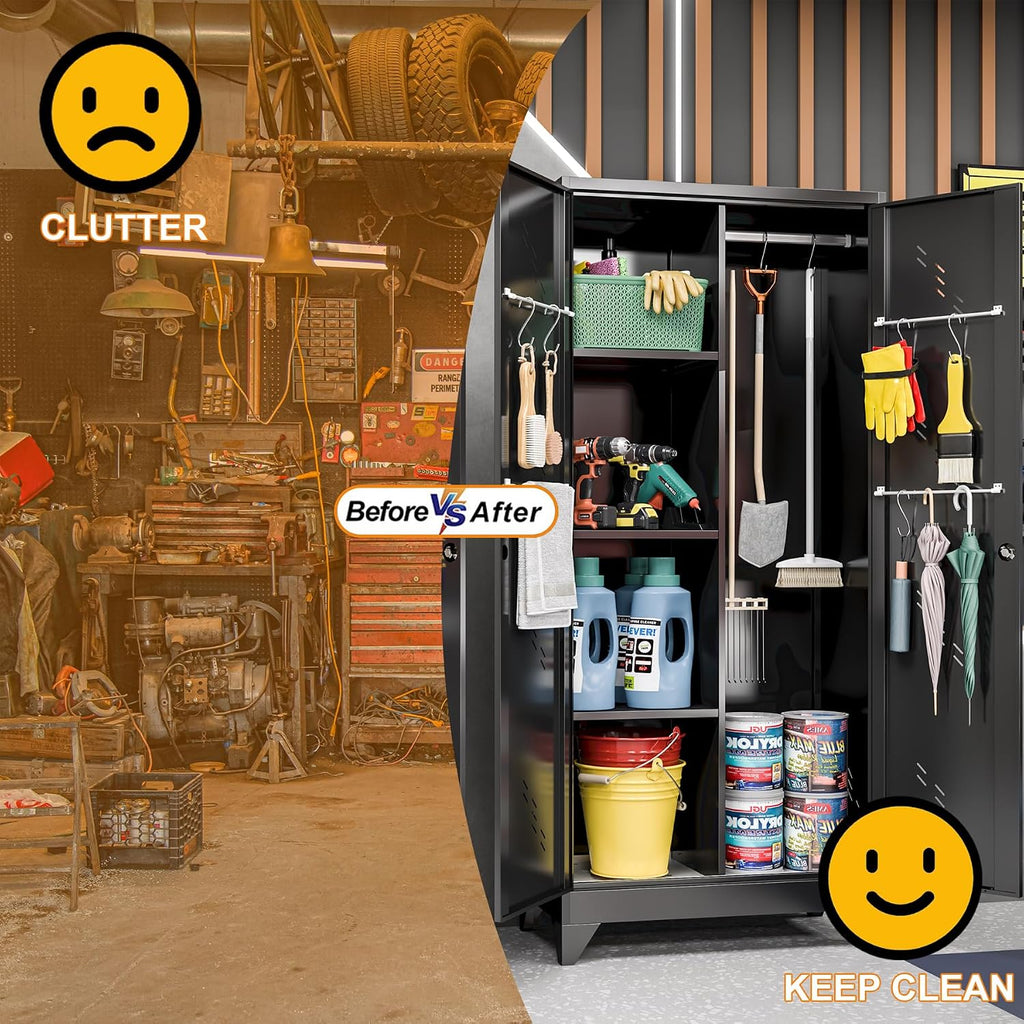 OSEILLC 71'' Metal Storage Cabinet with Doors, Multifunctional Bathroom/Garage Lockable Steel Cabinet, Broom Closet Storage with Hanging Rod (Style-1)