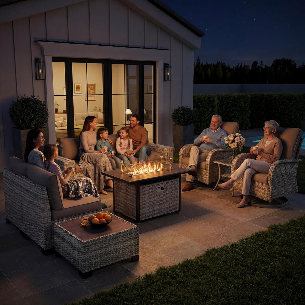 10-Piece Outdoor Patio Furniture Set with Rocking Swivel Chair, PE Wicker Rattan Sectional Sofa Patio Conversation Set with 55,000 BTU Fire Pit Table & Coffee Table, Navy Blue